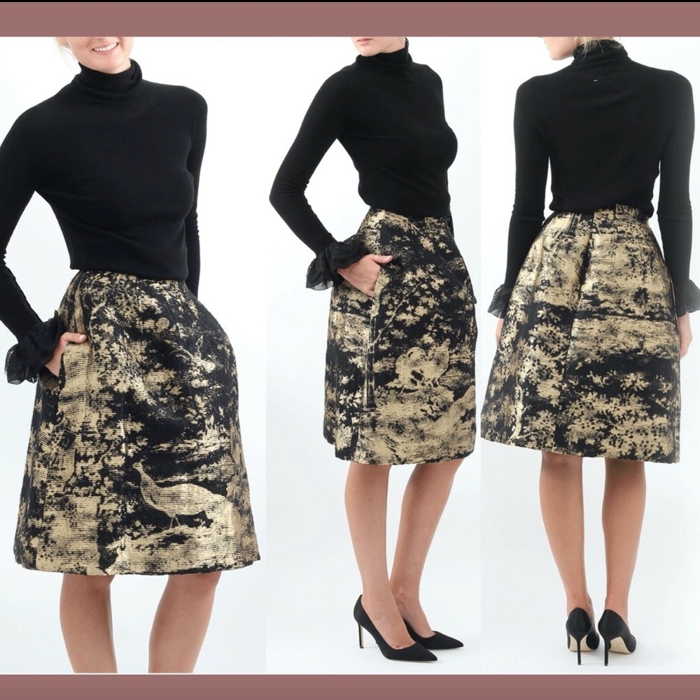 NEW $1,990‎ OSCAR DE LA RENTA Jacquard Skirt Black/ Gold [ SZ 8 ]